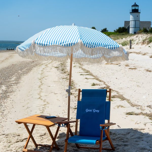 Premium Beach Umbrella- Light Blue Pin Stripe - Image 2